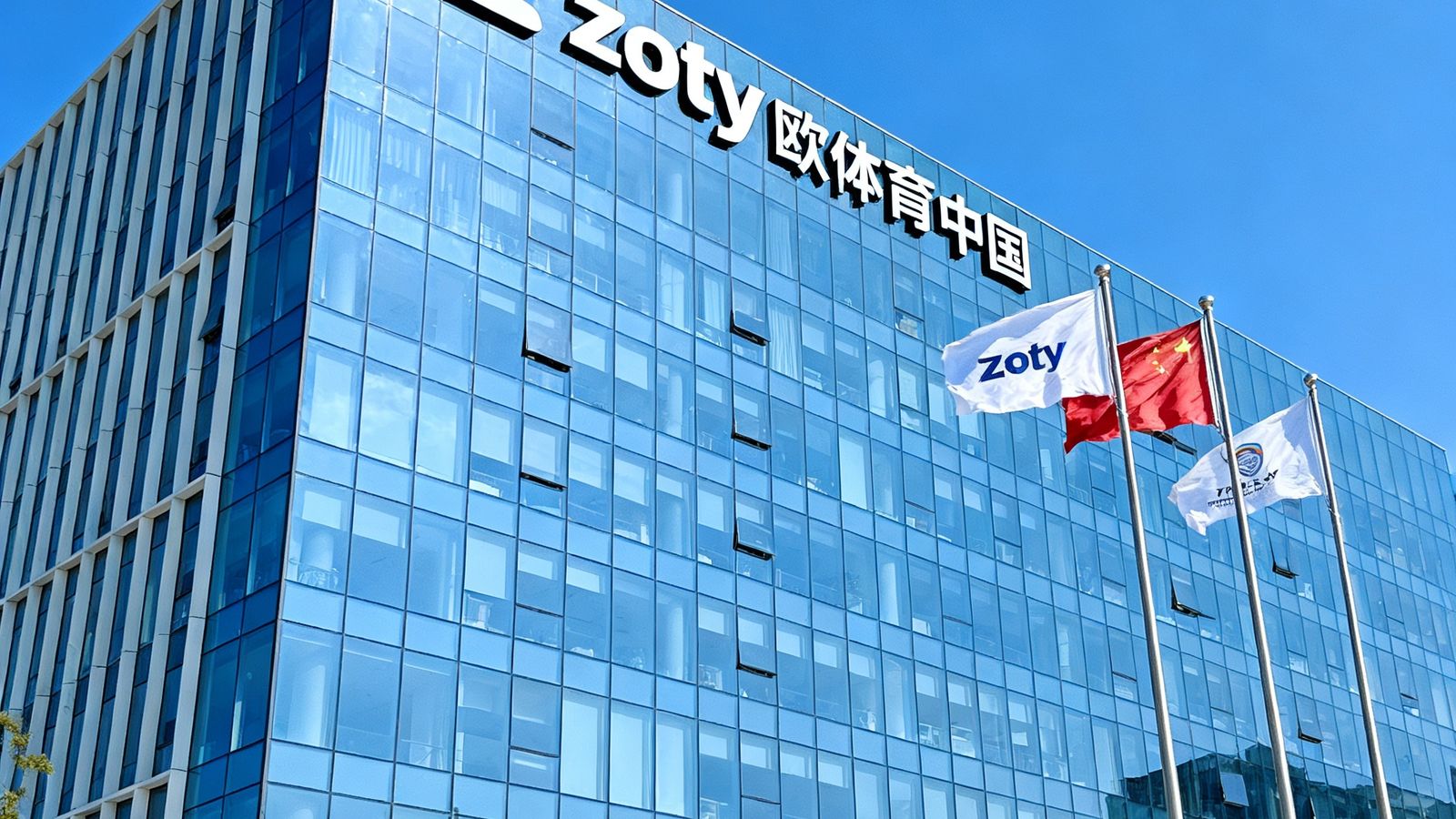zoty中欧体育中国总部现代化办公楼外观，玻璃幕墙映照蓝天，楼前旗杆飘扬企业旗帜，彰显国际化企业形象