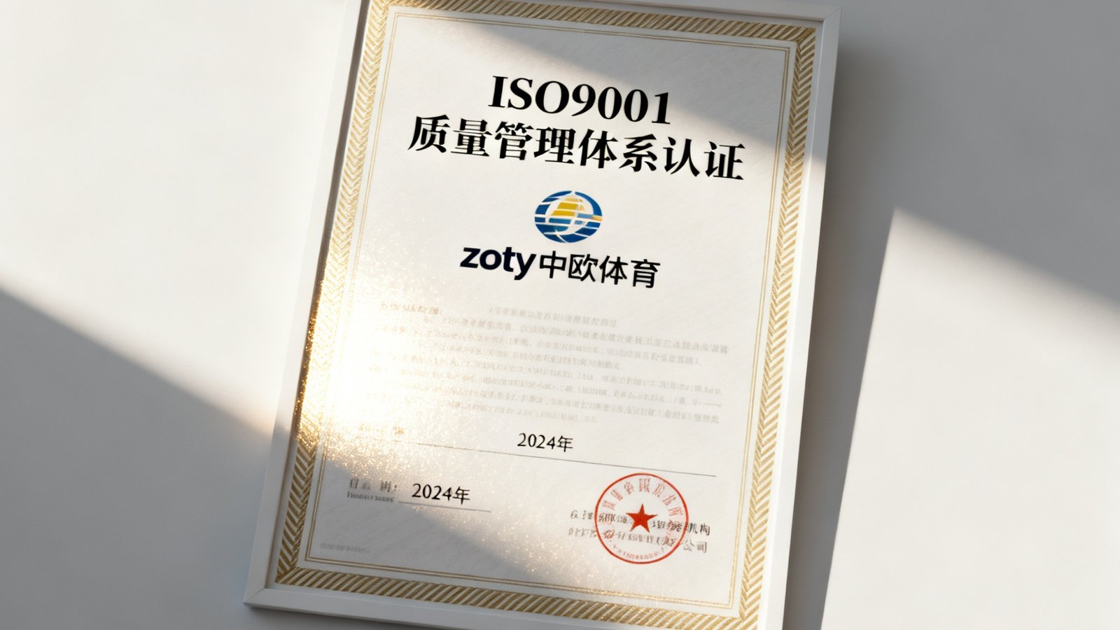 zoty中欧体育获得ISO9001认证的证书照片，展示企业质量管理体系获国际认可