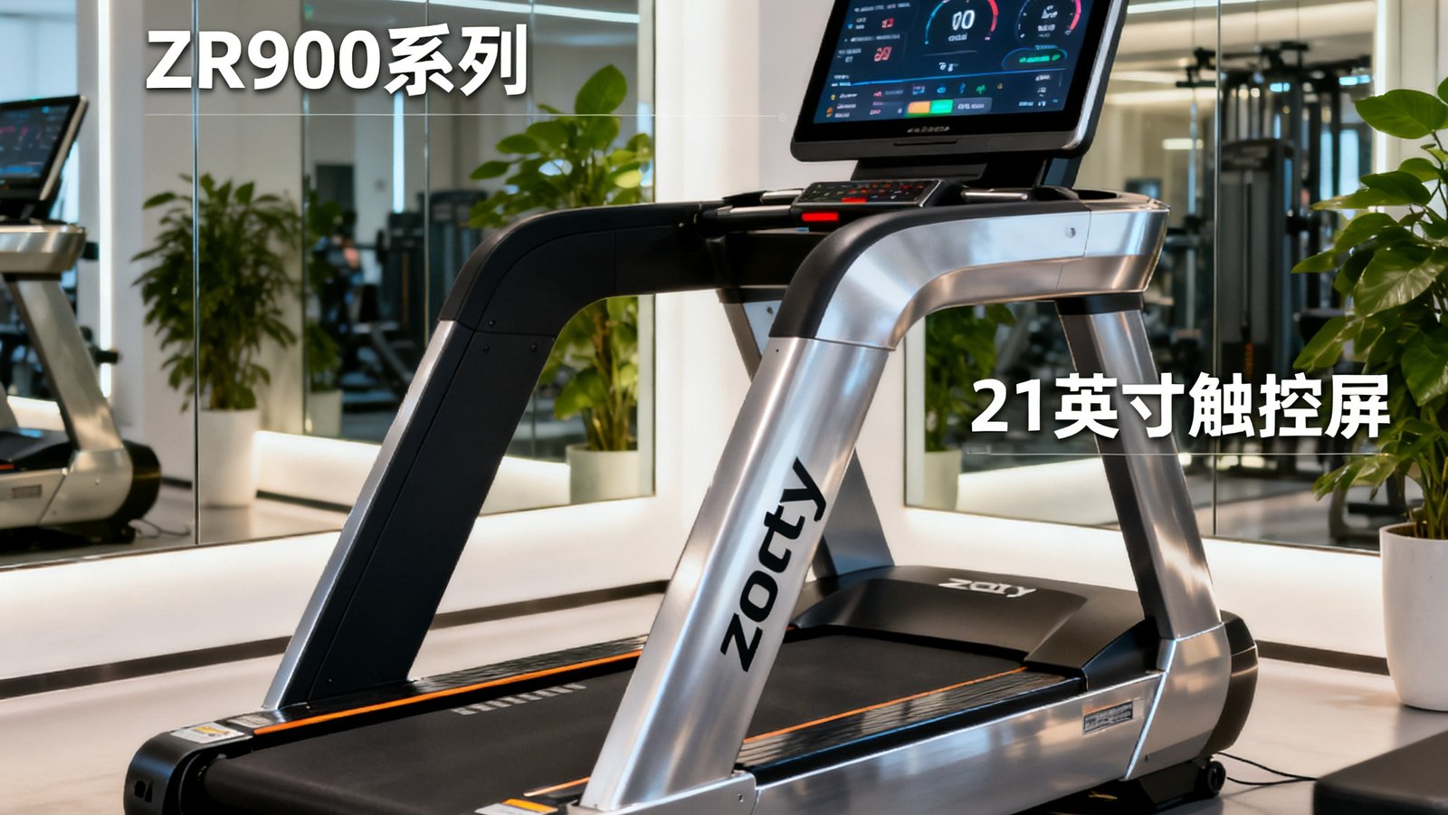 zoty商用跑步机ZR9000系列，配备21英寸触控屏与自适应减震系统，适合高端健身房使用