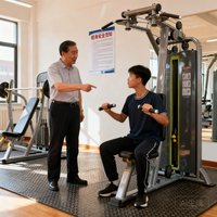 某高校体育部陈主任在新建校园健身房内指导学生使用器材的场景
